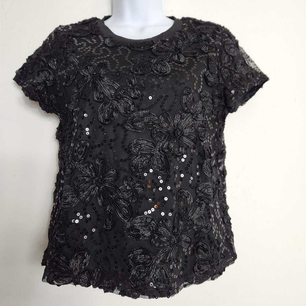 Cupio Blush Black Floral Applique Sequin Mesh Top Coquette Party Womens Sz Small